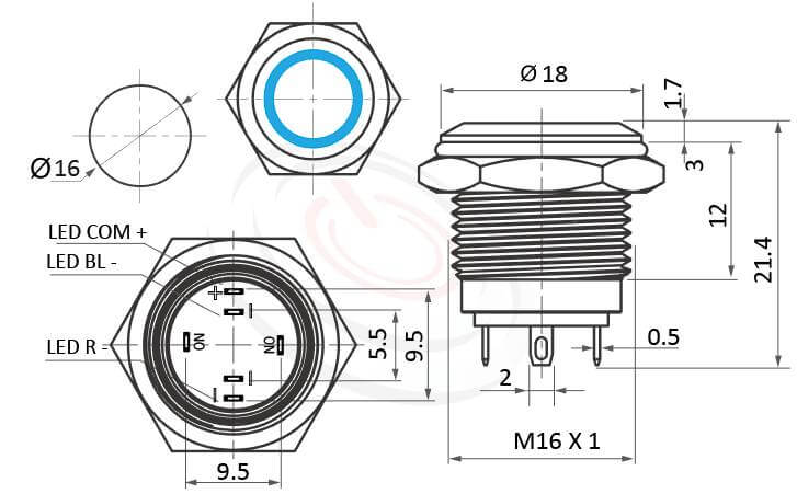 MP16E-6MFRGB Series 尺寸圖,標示產品: Φ16mm三色藍綠紅RGB,預設為共陽極、短柄短款、平圓型、環型LED、復歸回彈、NO接點、環型燈防水金屬開關的外型尺寸。| MP16TECH鉑達 提供各種 metal button switch專業服務。