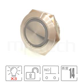 MP16T-6MFRGB Series 零件外型示意圖,顯示防水開關Φ16mm,復歸自復位,迷你型防水LED按鍵的外觀,產品訊息在圖片中一目了然。參數規格:16mm孔徑環形燈,SPST,復歸回彈平圓形,薄型,紅綠藍三色,共陰/共陽極。