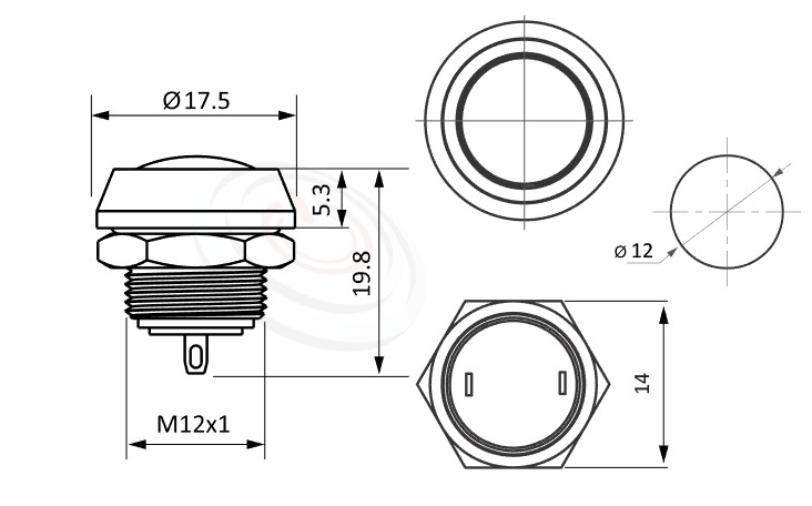 MP12-2MRX Series概略尺寸圖,標示黑色金屬外殼LED帶燈照光金屬開關,控制按鈕開關 押扣開關的外型長度,小型,短款圓球外型凸柄開關,球型,更靈活彈性的燈色燈壓選擇 防塵防水防化學腐蝕,GQ12,LAS4GQ,pbm12,cmp,bpb,mp12n,ft-12,J12,EJ12,lb12b,qn12,MPB12,HK12B,HKYB12B無燈金屬按鈕,材質-SUS不鏽鋼,黃銅,鋁殼