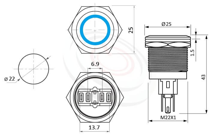 MP22-6ZFX Series概略尺寸圖,標示鋁合金陽極黑色帶燈金屬按鈕開關,陽極處理,氧化處理,黑色金屬外殼。LED雙晶片無極性無方向性的外型長度,,平圓型,更靈活彈性的燈色燈壓選擇 防水、防塵、耐腐蝕,對照於KPB22,MPB22,MPS22,MW22,HK22B,HKYB22B,pbm22,cmp,bpb,mp22n,ft-22,J22,EJ22,GQ22,lb22b,qn22平面,材質-鋁合金,不鏽鋼,黃銅