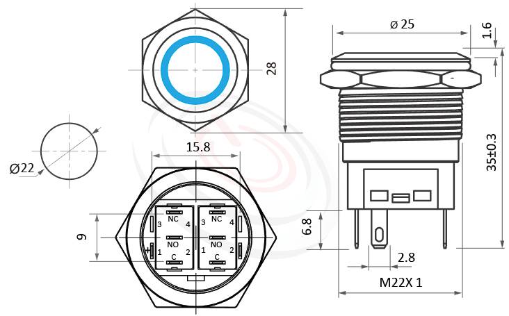 MP22F-5MF Series概略尺寸圖,標示帶燈LED金屬按鈕,內建LED限流電阻的外型長度,,平面,給客戶驚豔的第一吸睛印象,平面環形燈 防塵防水防化學腐蝕,對照於KPB22,MPB22,MPS22,MW22,HK22B,HKYB22B,pbm22,cmp,bpb,mp22n,ft-22,J22,EJ22,GQ22,lb22b,qn22平圓型,材質-防水 金屬 按鈕 按鍵 按壓 按押 亮面黃銅
