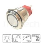 MP22F-5MF Series-照光金屬按鈕,雙向LED無極性 防水、防塵、耐腐蝕,,Φ22 開孔尺寸,外徑25mm,,一常開一常閉一共點,自複自復,平柄,LED燈金屬開關,LED帶燈,六種燈色可選,環形+電源符號燈,平面環形燈平面對照於KPB22,MPB22,MPS22,MW22,HK22B,HKYB22B,pbm22,cmp,bpb,mp22n,ft-22,J22,EJ22,GQ22,lb22b,qn22,材質-黃銅防水按鈕金屬按鍵,自動復歸防水/防塵/防化學腐蝕| MP16TECH提供您最完整的防水金屬按鈕開關產品與服務