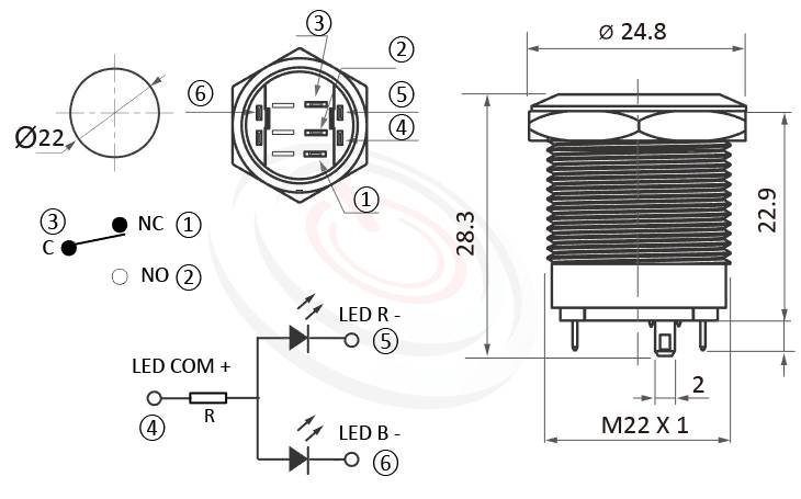 MP22S-6ZFRB Series概略尺寸圖,標示雙色紅藍双色金屬開關的外型長度,共陰極接法,共陽極接線,輕薄短小,短款開關,平柄,可客製/雷雕按鍵圖案 | MP16TECH提供您最完整的防水金屬按鈕開關產品與服務 防塵防水防化學腐蝕,可對照於KPB22,MPB22,MPS22,MW22,HK22B,HKYB22B,GQ22,pbm22,cmp,bpb,mp22n,ft-22,J22,EJ22,lb22b,qn22平柄,材質-鋁合金,不鏽鋼,黃銅