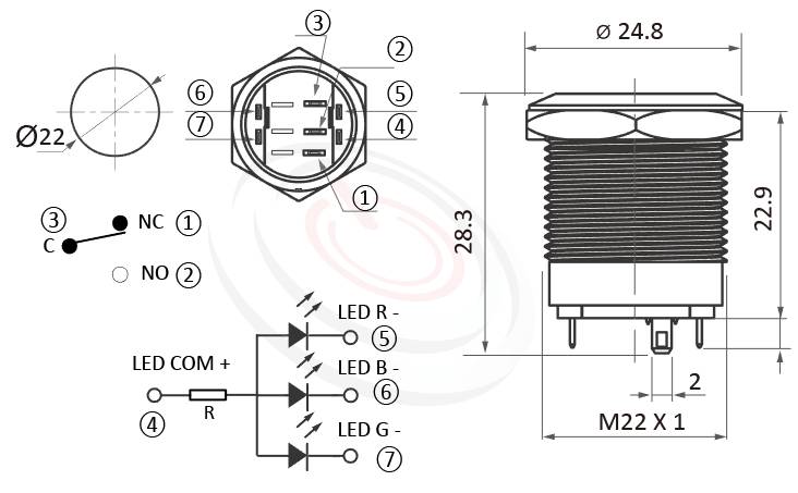MP22S-7MFRGB Series概略尺寸圖,標示三色LED環形燈,共陰極接法,共陽極接線的金屬按鈕外型長度，紅綠藍三色,單獨顯色,可採用共陰或共陽極接線，薄型矮扁型,小型,短款開關,平面,28mm超短長度，尺寸可靈活應用 | MP16TECH提供您最完整的防水金屬按鈕開關產品與服務 ,可對照KPB22,MPB22,MPS22,MW22,HK22B,HKYB22B,J22,EJ22,pbm22,cmp,bpb,GQ22,mp22n,ft-22,lb22b,qn22,平柄,材質-不鏽鋼,黃銅鍍鎳,鋁合金