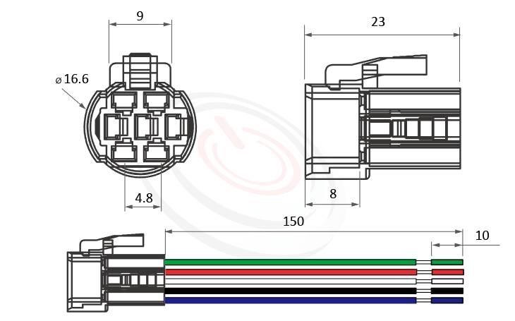 TH-MP16F 概略尺寸圖,標示金屬開關帶線連接器的接頭尺寸及線材長度,專用於MP16F全系列,包含MP16F-3MF、MP16F-5MF、MP16F-5ZF、MP16F-5MQ、MP16F-5ZQ。用來對接MP16F系列的金屬開關底座。不需要焊接每個端子,可快速立即聯接對插安裝。