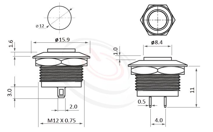 MP12K-2MK Series 尺寸圖,標示產品: Φ12mm超短款、凸柄、高柄、無燈、復歸自復位、NO接點、不帶燈防水按鍵的外型尺寸。| MP16TECH鉑達 提供各種 metal pushbutton switches專業服務。