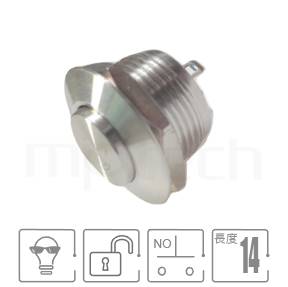 MP12K-2MK Series 零件外型示意圖,顯示防水開關Φ12mm,回彈觸發,超扁型防水開關的外觀,從圖片得以清楚顯示產品外觀形態。各項參數:12mm孔徑無燈,SPST,1NO,自復回彈高平面,極短款,高柄。