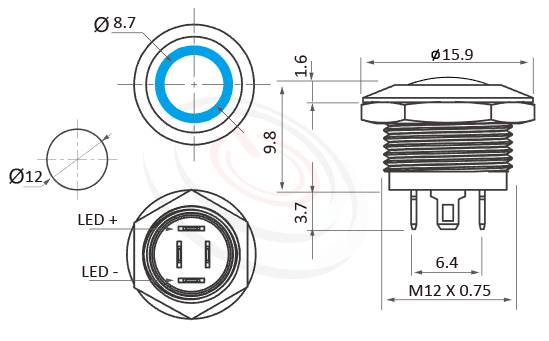 MP12K-4MJ Series 尺寸圖,標示產品: Φ12mm扁型、球型、弧形、Ring illuminated、復位無段、NO接點、環型燈帶燈防水開關的外型尺寸。| MP16TECH鉑達 提供各種 Vandal Resistant Switches專業服務。
