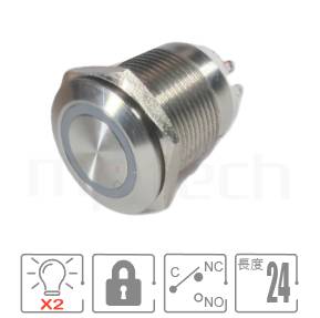 MP16S-6ZFRB Series 零件外型示意圖,顯示防水開關Φ16mm,自鎖,雙色LED短款金屬帶燈開關的外觀,從圖片輕鬆確認零件外觀。各項規格:M16開關尺寸Ring illuminated,SPDT,自鎖平鈕,短柄短款,RG、 RB雙色。