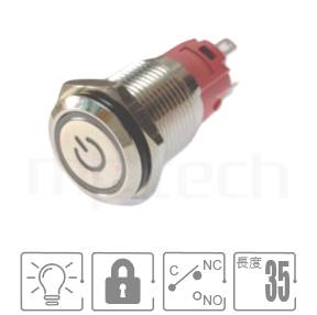 MP19F-5ZQ Series 零件外型示意圖,顯示金屬按鈕Φ19mm,自鎖有段,金屬黃銅外殼防水帶燈開關的外觀,產品參數訊息在圖片中清楚顯示。規格:Φ19mm開孔電源符號燈,SPDT,平柄,maintained。