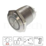 MP19S-7MFRGB Series 零件外型示意圖,顯示防水開關Φ19mm,瞬切回彈,短柄金屬帶燈開關的外觀,從圖片輕鬆確認零件重要參數。規格:開孔Φ19mm環形燈,SPDT,復歸回彈平柄,短款小型,三色LED燈,共陰極、共陽極接線。