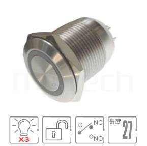 MP19S-7MFRGB Series 零件外型示意圖,顯示防水開關Φ19mm,瞬切回彈,短柄金屬帶燈開關的外觀,從圖片輕鬆確認零件重要參數。規格:開孔Φ19mm環形燈,SPDT,復歸回彈平柄,短款小型,三色LED燈,共陰極、共陽極接線。