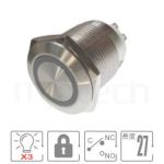 MP19S-7ZFRGB Series 零件外型示意圖,顯示防水按鈕Φ19mm,lock,小型短柄防水帶燈按鍵的外觀,產品參數訊息在圖片中清楚顯示。參數規格:孔徑Φ19mm圓型光圈,SPDT,自鎖型平柄,短款,紅藍綠3-colour LED,共陰極、共陽極接線。