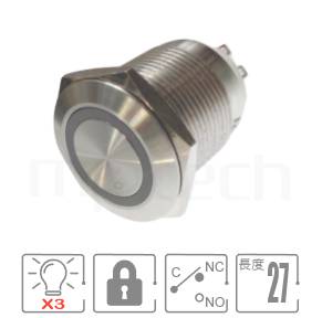 MP19S-7ZFRGB Series 零件外型示意圖,顯示防水按鈕Φ19mm,lock,小型短柄防水帶燈按鍵的外觀,產品參數訊息在圖片中清楚顯示。參數規格:孔徑Φ19mm圓型光圈,SPDT,自鎖型平柄,短款,紅藍綠3-colour LED,共陰極、共陽極接線。