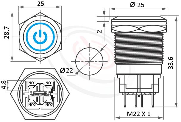 MP22H-4ZQ Series概略尺寸圖,標示天使眼金屬開關,LED帶燈防水按鈕的外型長度,,平柄,更靈活彈性的燈色燈壓選擇,大電流金屬按鈕開關-IP/IK防護,可對應J22,EJ22,GQ22,KPB22,MPB22,MPS22,MW22,HK22B,HKYB22B,pbm22,cmp,bpb,mp22n,ft-22,lb22b,qn22天使眼電源符號,材質-SUS,鋁合金,金屬外殼