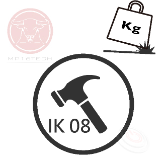 圖示標註了IK等級常用的標章Mark，IK code IK rating 並沒有像UL、CE或ENEC等標準規範有一個制式的標章(Mark)，大部分看到的是下圖有著厚重的鐵鎚或砝碼，加註了防護等級。