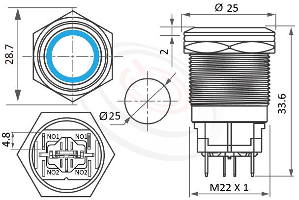 MP22H-4MF Series概略尺寸圖,標示High current 金屬按鈕,LED照光金屬開關,帶燈天使眼金屬按鈕的外型長度,,平面,亮眼外觀,引人注目-IP65以上防水等級,相等於ft-22,KPB22,MPB22,MPS22,MW22,HK22B,HKYB22B,J22,EJ22,lb22b,qn22,GQ22,pbm22,cmp,bpb,mp22n平面,材質-黃銅鍍鎳,不鏽鋼,鋁合金