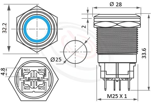 MP25H-4ZF Series概略尺寸圖,標示大電流LED帶燈照光金屬開關,天使眼防水按鈕的外型長度,,平圓形,各式尺寸長度可靈活應用 防水防塵防化學腐蝕,相等於J25,KPB25,MPB25,MPS25,MW25,HK25B,HKYB25B,EJ25,ft-25,lb25b,qn25,GQ25,pbm25,cmp,bpb,mp25n平鈕,材質-不鏽鋼SUS,金屬外殼