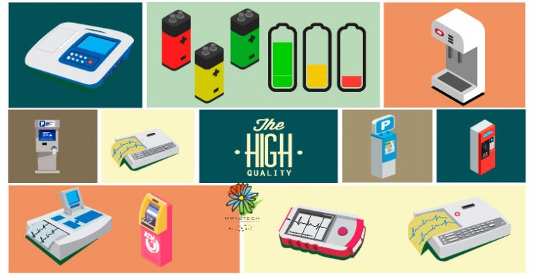 圖片顯示多色LED金屬按鈕開關的可能應用產品，包含 : 電池驅動模組，電動單車、電動機車、醫療/醫美/美容設備儀器、檢測儀器、KIOSK、咖啡機、小家電、AOI辨識檢測系統 以及需要直覺顯示多種燈色的設備儀器。