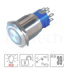 MP19-6MF Series 零件外型示意圖,顯示防水按鈕Φ19mm,復歸自復位,雙色-紅藍、紅綠帶燈防水開關的外觀,產品參數訊息在圖片中清楚顯示。規格:孔徑19mm環型燈,SPDT,無鎖復歸平柄,雙色-紅藍、紅綠,無鎖復位。