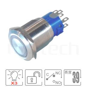 MP19-7MF Series 零件外型示意圖,顯示三色LED防水按鈕外觀,Φ19mm,回彈觸發,紅藍綠3-colour LED,共陰極、共陽極接線帶燈防水開關,可從圖片確認是否符合需求。各項規格:19mm孔徑環型LED,SPDT-NO/NC,無鎖復位平柄,RGB 三色LED,共負極/共正極,無鎖復位。