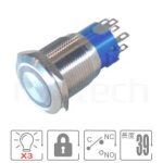 MP19-7ZF Series 零件外型示意圖,顯示RGB三色LED防水開關外型,Φ19mm,有鎖兩段式,紅藍綠三色LED,預設是共陽極接線防水LED按鍵 。規格參數:孔徑19mmRing Illuminated,SPDT,有鎖兩段式平柄,RGB三色LED,共陽極/共陰極兩種接線,自鎖。