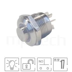 MP12T-4MH Series 零件外型示意圖,顯示防水按鈕Φ12mm,無鎖復歸,超短柄金屬帶燈按鈕的外觀,圖片用來確認零件適用程度。各項規格:孔徑12mm環型燈,SPST-NO,無鎖復歸凸柄,超短柄,凸面。