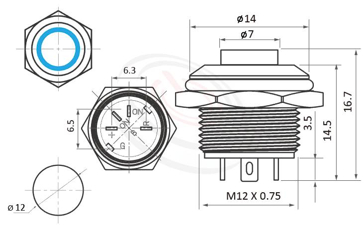 MP12T-4MH Series 尺寸圖,標示產品: Φ12mm超短款、高柄、高頭、環狀燈、無段復位、常開1NO、Ring illuminated防水帶燈按鈕的外型尺寸。| MP16TECH鉑達 提供各種 Waterproof metal pushbutton專業服務。