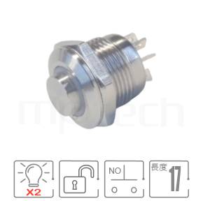 MP12T-5MH Series 零件外型示意圖,顯示防水按鈕Φ12mm,無鎖復位,超短款防水帶燈按鍵的外觀,藉由圖片迅速確認產品外型。各項規格:M12開關尺寸Ring,一組A接點,復歸自復位凸柄,迷你型,紅綠、紅藍雙色。