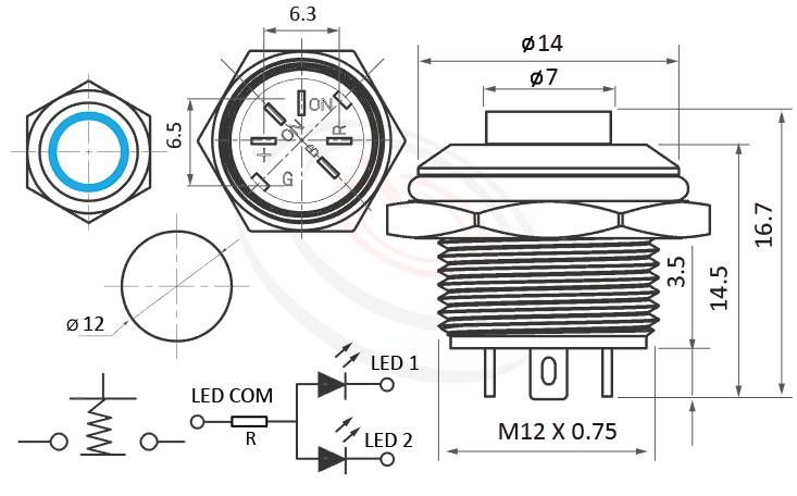 MP12T-5MH Series 尺寸圖,標示產品: Φ12mm低矮型、紅藍、紅綠雙色、高平面、圓型燈、無鎖復位、常開接點、Ring防水帶燈按鈕的外型尺寸。| MP16TECH鉑達 提供各種 Waterproof Switch專業服務。