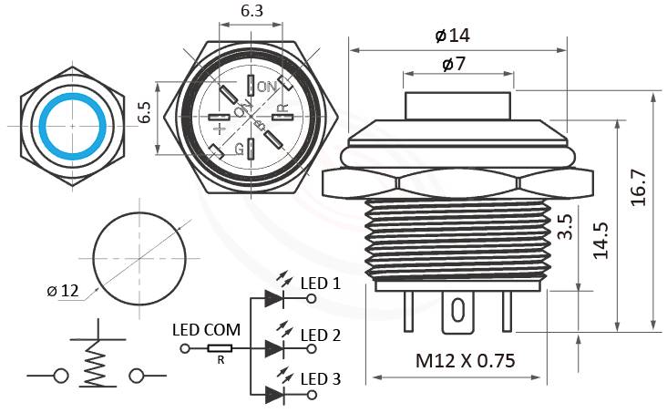 MP12T-6MHRGB Series 尺寸圖,標示產品: Φ12mm極短款、三色RGB LED,共陽極接線、凸柄、圓型燈、復歸回彈、SPST,1NO、Ring illuminated金屬帶燈開關的外型尺寸。| MP16TECH鉑達 提供各種 anti-vandal Switches專業服務。