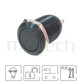 MP12-2MFX Series 黑色金屬按鈕零件外觀造型示意圖,呈現產品: Φ12mm,單接點,氧化黑鋁合金電鍍,防水金屬按鍵的零件外型圖,產品訊息在圖片中一目了然。 MP12-2MFX產品規格為: Φ12mm,不帶燈,一組A接點,自動復歸平頭按柄,鋁合金陽極處理電鍍。金屬按鈕開關產品線完整,開孔孔徑Φ8mm、Φ12mm、Φ16mm、Φ19mm、Φ22mm、Φ25mm、Φ30mm...等,尺寸齊全。特色規格-大電流、薄型、超短款、指示燈、自鎖復歸...一應俱全。