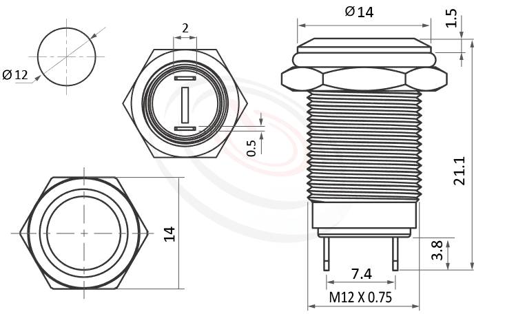 MP12-2MFX Series 長度/尺寸圖,標示產品: Φ12mm,,氧化黑鋁合金電鍍,平面不帶燈,復歸自復位,NO接點,不帶燈,金屬電源開關的外型尺寸,由圖片迅速確認零件概略尺寸。 MP12-2MFX,堅固材質: 外殼金屬,不鏽鋼,白鐵不銹鋼。鉑達提供金屬高強度抗破壞按鈕開關,Waterproof Switch, metal button switch專業的產品服務。