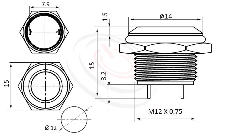 MP12C-2MF Series 長度/尺寸圖,標示產品: Φ12mm,不帶燈,金屬按鈕開關的外型尺寸,由圖片迅速確認零件概略尺寸。 MP12C-2MF規格包含: Φ12mm,,小型短款,平面不帶燈,無鎖復歸,常開1NO,堅固材質: 白鐵不鏽鋼SUS,金屬外殼。鉑達提供金屬按鍵壓扣按鈕,metal push button switch, metal button switch專業的產品服務。
