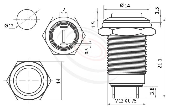 MP12-2MK Series 尺寸圖,標示產品: Φ12mm短款、凸柄、高平面、不帶燈、復歸自復位、1NO常開接點、無燈防水按鈕的外型尺寸。| MP16TECH鉑達 提供各種 Vandal Resistant Switches專業服務。