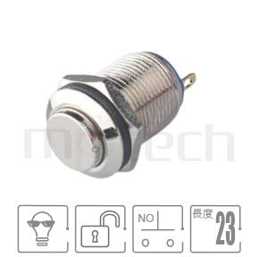 MP12-2MK Series 零件外型示意圖,顯示金屬開關Φ12mm,無鎖復歸,短款小型防水開關的外觀,圖片用來確認零件適用程度。規格:孔徑12mm不帶燈,常開1NO,無鎖復位高平面,小型短款,凸型。