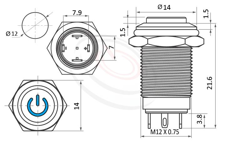 MP12-4ME Series 尺寸圖,標示產品: Φ12mm短柄、凸頭、凸面、電源符號燈、自動復歸、1NO,SPST、電源符號燈帶燈防水開關的外型尺寸。| MP16TECH鉑達 提供各種 Waterproof Switch專業服務。