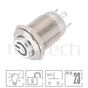 MP12-4ME Series 零件外型示意圖,顯示金屬開關Φ12mm,復位無段,短款小型防水LED按鍵的外觀,從圖片輕鬆確認零件重要參數。各項規格:Φ12mm開孔power符號,常開1NO,回彈觸發高圓形,短柄短款,高平圓形。