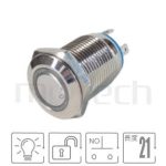 MP12-4MF Series 零件外型示意圖,顯示防水按鈕Φ12mm,無鎖復歸,小型短柄防水帶燈按鈕的外觀,由圖片迅速確認開關概略外型。各項規格:開孔Φ12mm圓型光圈,一組A接點,自動復歸平圓型,短柄,復位無段。