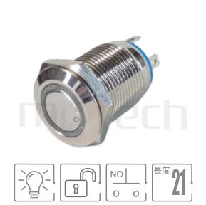 MP12-4MF Series 零件外型示意圖,顯示防水按鈕Φ12mm,無鎖復歸,小型短柄防水帶燈按鈕的外觀,由圖片迅速確認開關概略外型。各項規格:開孔Φ12mm圓型光圈,一組A接點,自動復歸平圓型,短柄,復位無段。