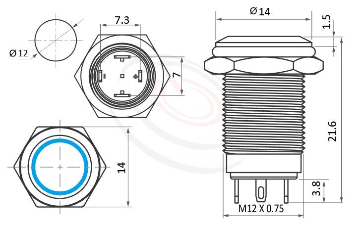 MP12-4MF Series 尺寸圖,標示產品: Φ12mm小型短柄、無鎖復位、平圓型、Ring illuminated、1NO、環型LED帶燈防水開關的外型尺寸。| MP16TECH鉑達 提供各種 anti-vandal Switches專業服務。