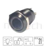 MP12-4MFX Series 零件外型示意圖,顯示防水按鍵Φ12mm,自動復歸,鋁合金電鍍黑殼金屬帶燈按鈕的外觀,立即從圖片確認是否符合需求。規格:Φ12 開孔圓型LED光圈,常開接點,復歸自復位平柄,黑色金屬外殼,短款小型。