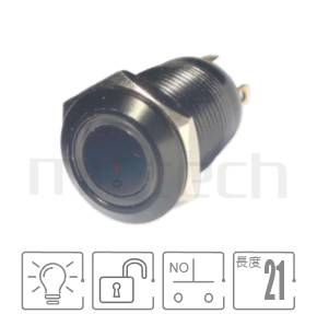 MP12-4MFX Series 零件外型示意圖,顯示防水按鍵Φ12mm,自動復歸,鋁合金電鍍黑殼金屬帶燈按鈕的外觀,立即從圖片確認是否符合需求。規格:Φ12 開孔圓型LED光圈,常開接點,復歸自復位平柄,黑色金屬外殼,短款小型。