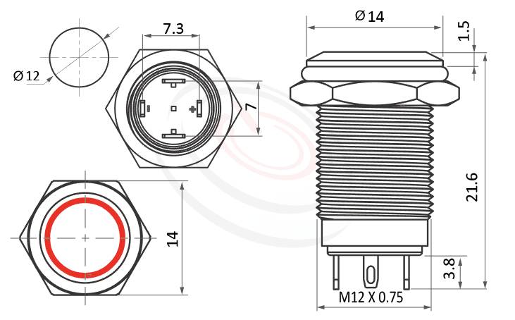 MP12-4MFX Series 尺寸圖,標示產品: Φ12mm黑殼防水開關、黑色短款平柄、LED環型燈、無鎖復位、一組A接點、圓型燈防水帶燈開關的外型尺寸。| MP16TECH鉑達 提供各種 waterproof pushbutton專業服務。