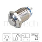 MP12-4MH Series 零件外型示意圖,顯示防水開關Φ12mm,自動復歸,凸柄小型短款LED防水按鈕開關的外觀,可藉由圖片確認開關是否適用。各項規格:孔徑Φ12mm圓型燈,一組A接點,復歸回彈高頭,高凸型。