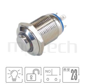 MP12-4MH Series 零件外型示意圖,顯示防水開關Φ12mm,自動復歸,凸柄小型短款LED防水按鈕開關的外觀,可藉由圖片確認開關是否適用。各項規格:孔徑Φ12mm圓型燈,一組A接點,復歸回彈高頭,高凸型。