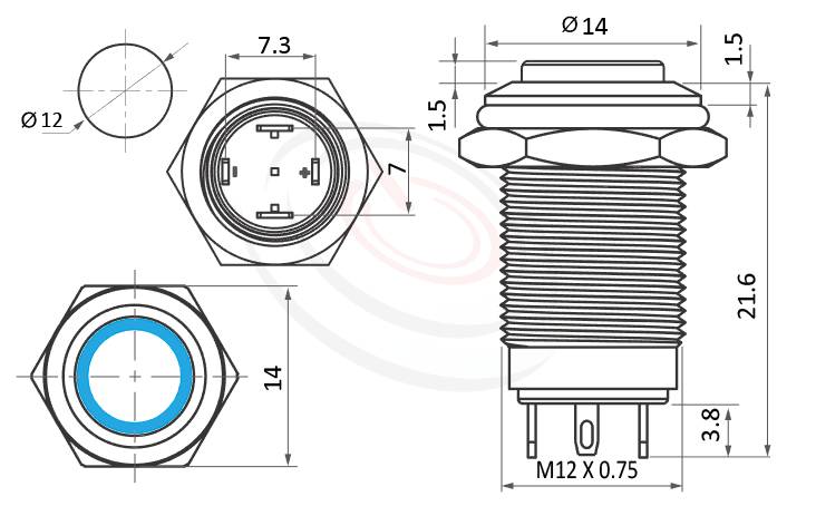 MP12-4MH Series 尺寸圖,標示產品: Φ12mm短柄短款、高平圓形、凸柄、圓型LED光圈、瞬切回彈、常開1NO、環形燈金屬帶燈按鈕的外型尺寸。| MP16TECH鉑達 提供各種 Waterproof Switch專業服務。