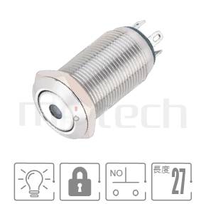 MP12-4ZA Series 零件外型示意圖,顯示金屬按鈕Φ12mm,maintained,短款防水LED按鍵的外觀,圖片可迅速確認開關外觀。各項規格:Φ12 開孔單點狀燈,1NO,SPST,maintained平柄,短柄短款,有段。