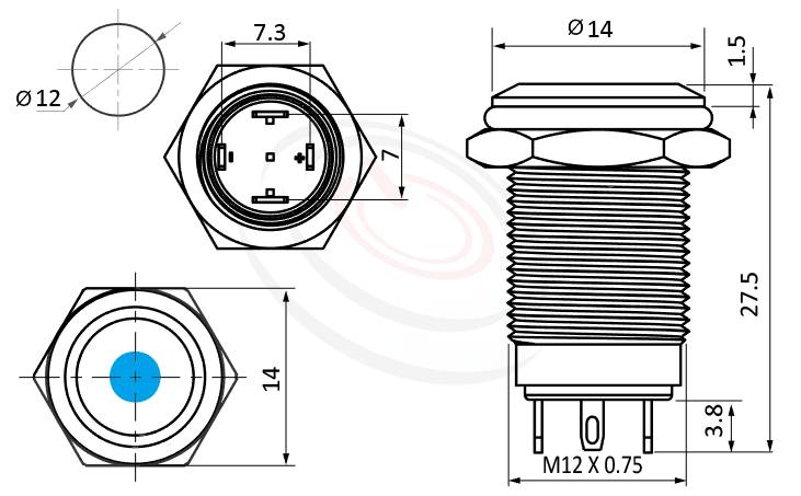 MP12-4ZA Series 尺寸圖,標示產品: Φ12mm短柄、lock、平面、單點燈、帶鎖、SPST、點狀燈帶燈防水開關的外型尺寸。| MP16TECH鉑達 提供各種 Vandal Resistant Switches專業服務。