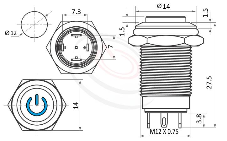MP12-4ZE Series 尺寸圖,標示產品: Φ12mm凸柄短款、高平面、帶POWER燈、自保持有段、1NO常開接點、電源符號燈防水帶燈按鈕的外型尺寸。| MP16TECH鉑達 提供各種 Waterproof metal pushbutton專業服務。